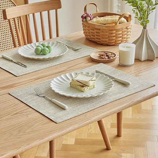 Softalker Faux Linen Placemats Set of 8-12 x 18 Inch, Heat Resistant Double Layered Durable Burlap Farmhouse Place Mats, Non-Slip Washable Rustic Table Mats for Dining, Kitchen, Party（Beige