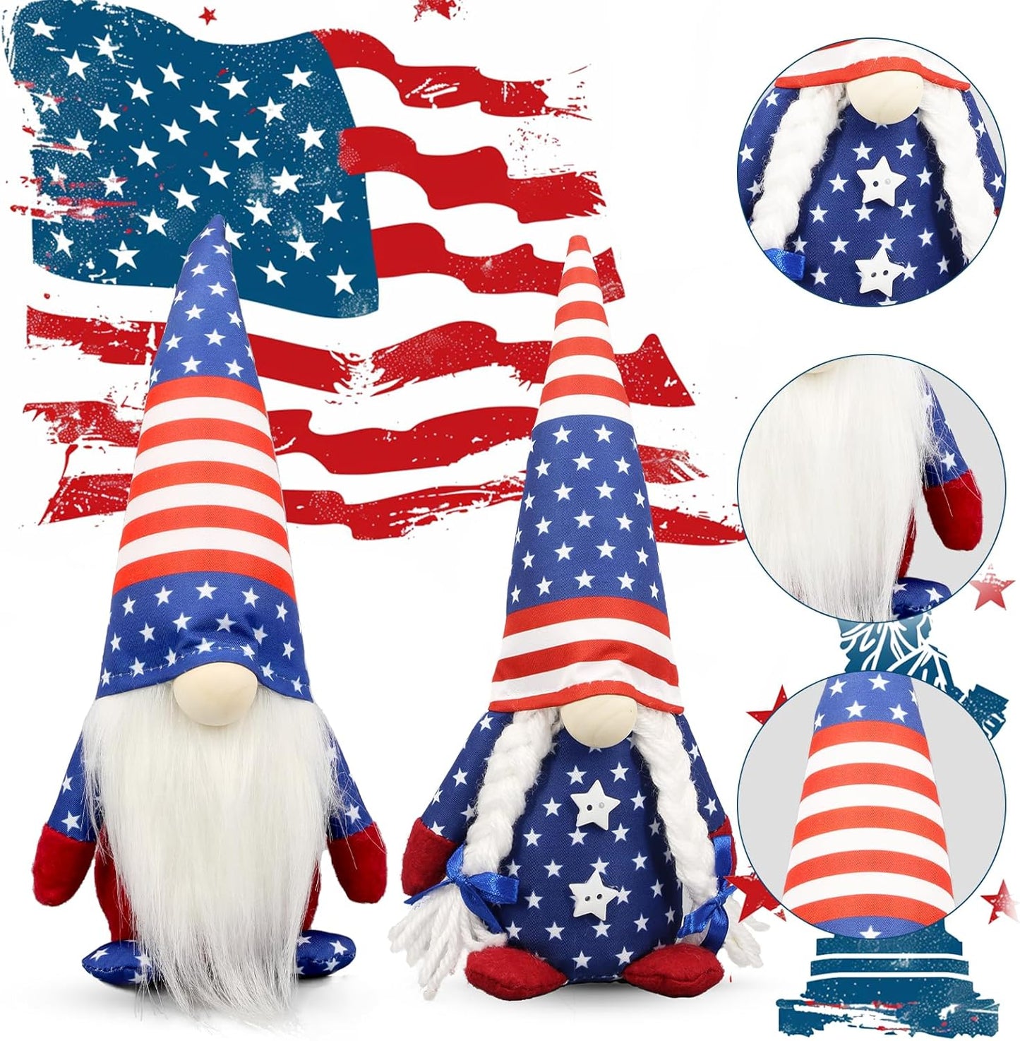 4th of July Decorations - Memorial Day Decorations - Patriotic Plush Gnomes for Home - Fourth of July for Office Desk Decor, Indoor - Red White Blue Gnome Figurines Decor for Independence Labor Day