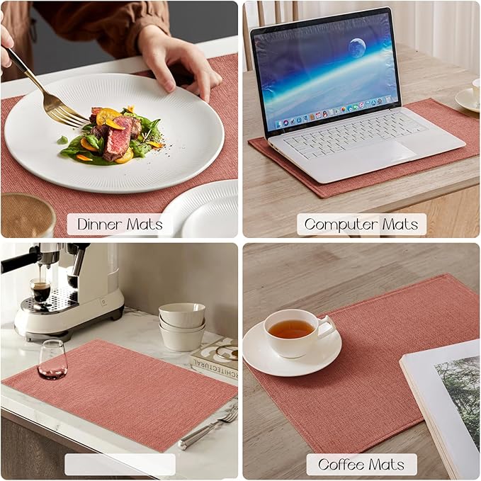 Romanstile Cloth Placemats Set of 8-12 x 18 Inch, Heat Resistant Double Layered Thickened Burlap Fall Place Mats, Washable Faux Linen Farmhouse Table Mats for Kitchen/Dining/Party/Outdoor, Orange