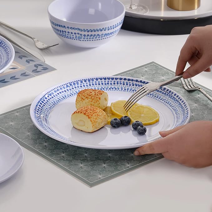 Melamine Dinnerware Sets, 12Pcs Plates and Bowls Sets Dinnerware Sets for 4, Unbreakable Dish Set for Indoor and Outdoor Use, Dishwasher Safe Raindrops Design