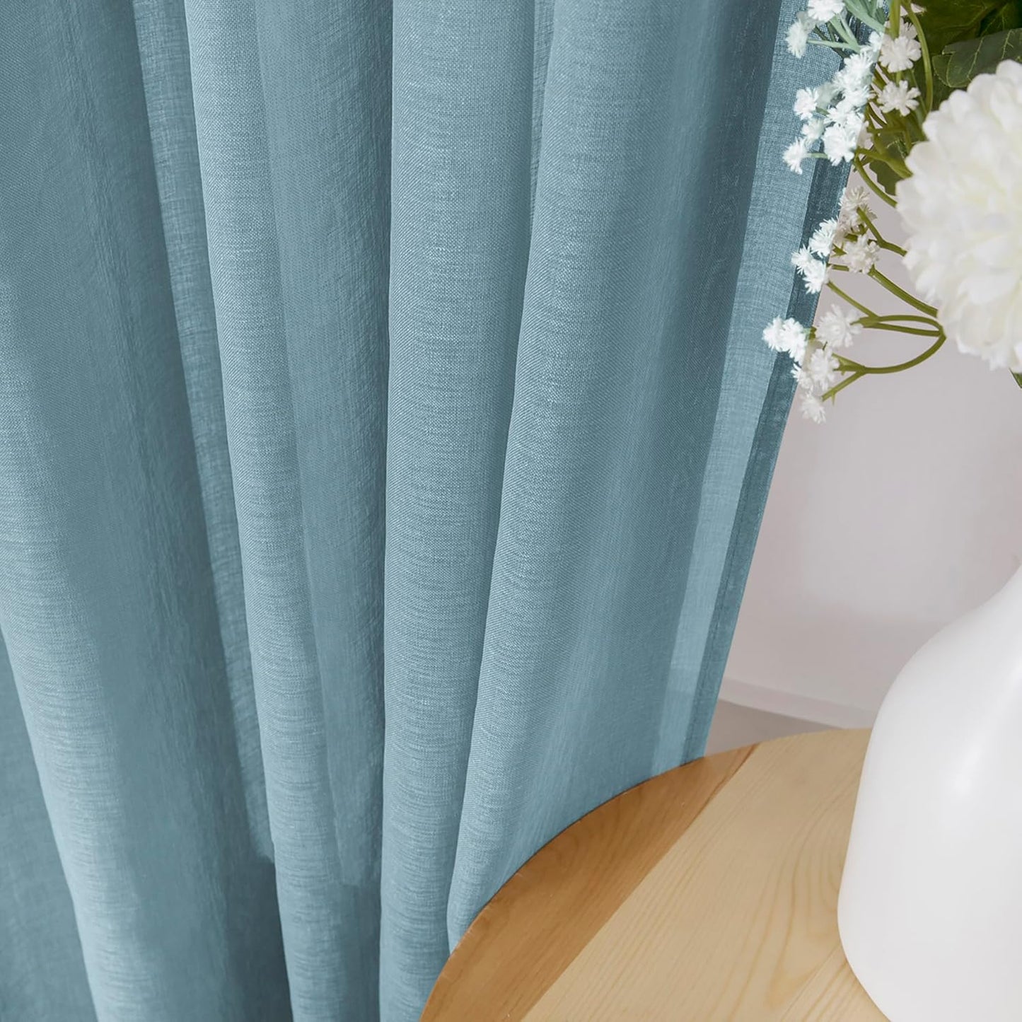 Tollpiz Short Sheer Curtain Linen Textured Bedroom Curtains Sheer Light Filtering Rod Pocket Voile Curtain for Living Room, 54 x 54 inches Long, Dusty Blue, Set of 2 Panels