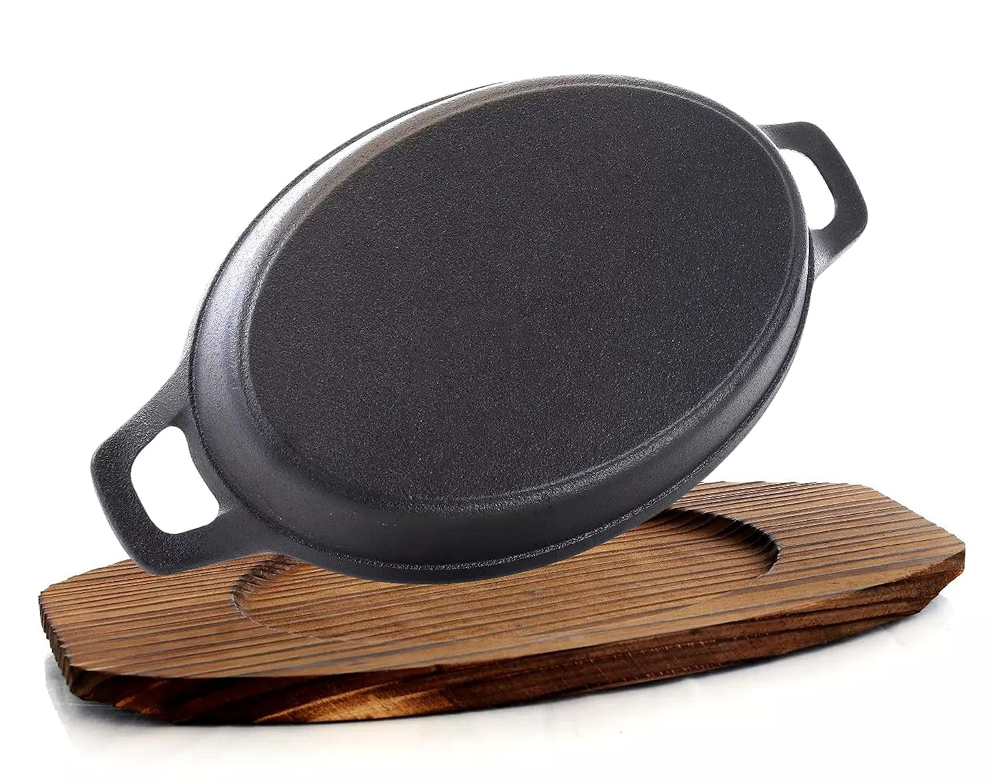 Bruntmor Mini Cast Iron Sizzler Plates Skillet Set Of 4. Oval Fajita Plate With Wooden Base/Pan Tray Serving Sizzling Dish And Fajitas, Hot Steak Skillet Dish Without Sinking (2 Sets)
