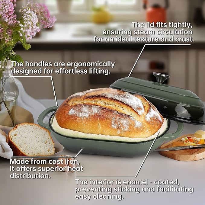 Premium Enameled Cast Iron Dutch Oven for Bread Baking | Non-Stick 2QT Oval Bread Oven with Lid | Perfect for Sourdough, Loaf, and Artisan Baking (Oval Green, 5 QT)