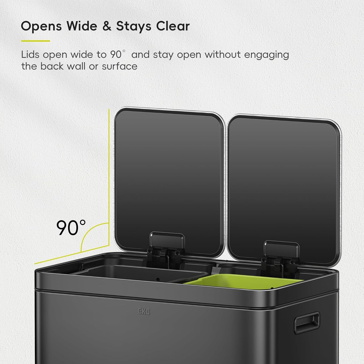 EKO Edison 8+8 Gallon Dual Trash Can for Recycling and Trash, Stainless Steel Kitchen Step Can with Dual Removable Inner Bucket, Independent Lids and Pedals, Black