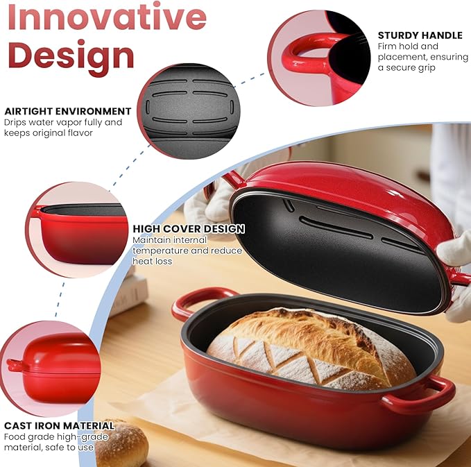 Cast Iron Dutch Bread Oven - 2.5QT Dutch Oven for Sourdough Bread Baking, Cast Iron Bread Loaf Pan with Lid, Easy Homemade Sourdough Dutch Oven, Blue Oval Bread Baking Pan, Gift for Family & Baker，Red