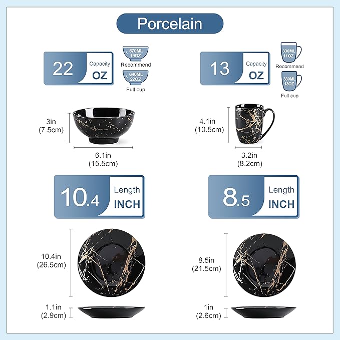 LOVECASA Black Plates and Bowls Sets for 4, Porcelain Dinnerware Sets 16 Piece Gold Splash Glaze Ceramic Dish Set, Round Dinner Set with Mugs, Dishwasher Microwave Safe