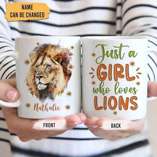 Hyturtle Personalized Gifts Lion Lover - Just A Girl Who Loves Lions Custom Name Ceramic Coffee Mug Cup 11oz - Idea Cute Animal Lover Gifts For Women, Girl Daughter On Birthday, Christmas
