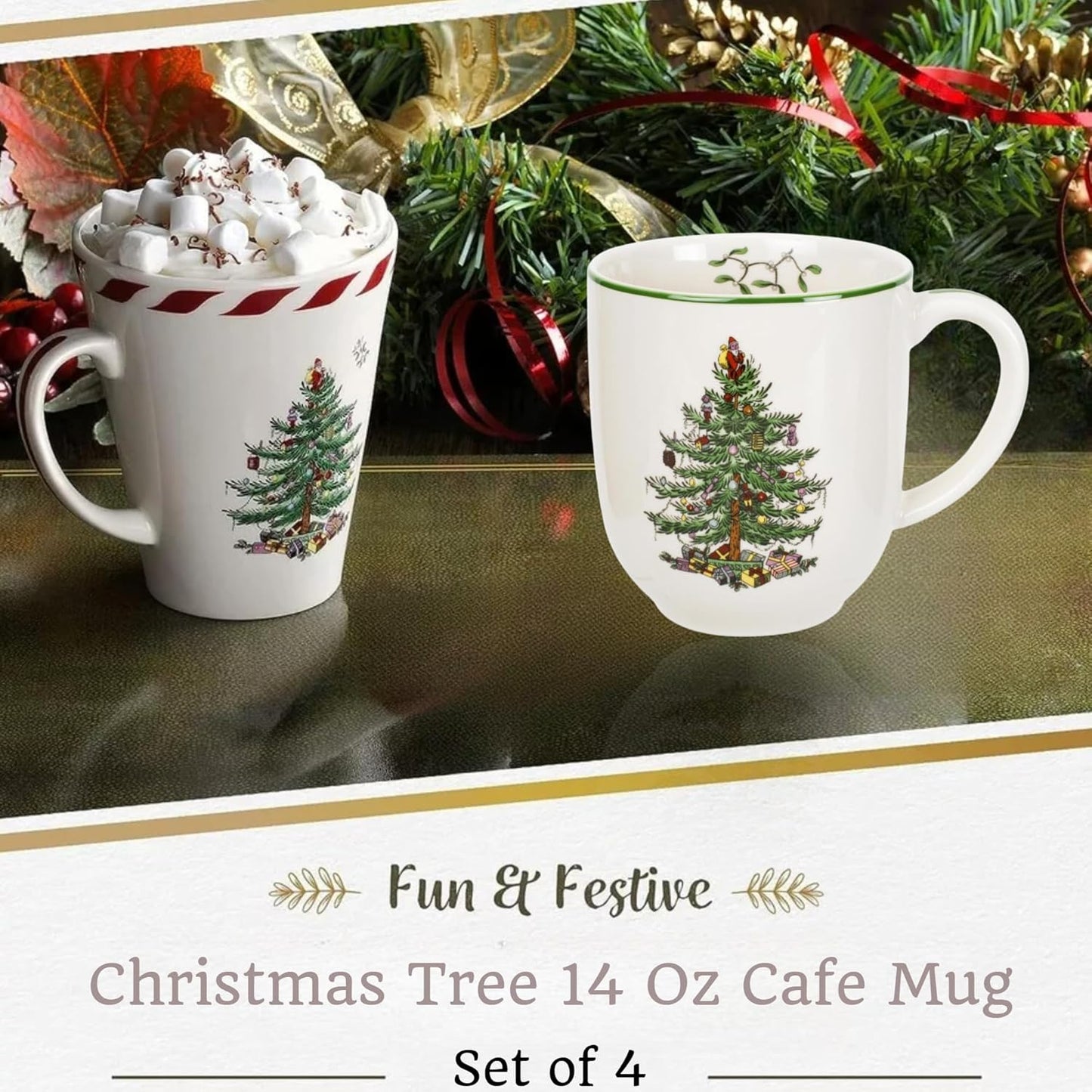 Spode Christmas Tree Cafe Mug (Set of 4) - 14 Oz Ceramic Holiday Coffee Mugs for Tea, Hot Chocolate, Lattes - Festive Design with Santa and Christmas Tree Motif - Microwave & Dishwasher Safe