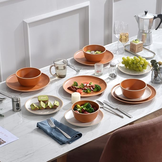 Melamine Dinnerware Sets 12pcs, Plates and Bowls for 4, Unbreakable Dinnerware Sets, Ideal Dinnerware for Party, Unbreakable, BAP free, Dishwasher Safe, Red Color (Terracotta Color)