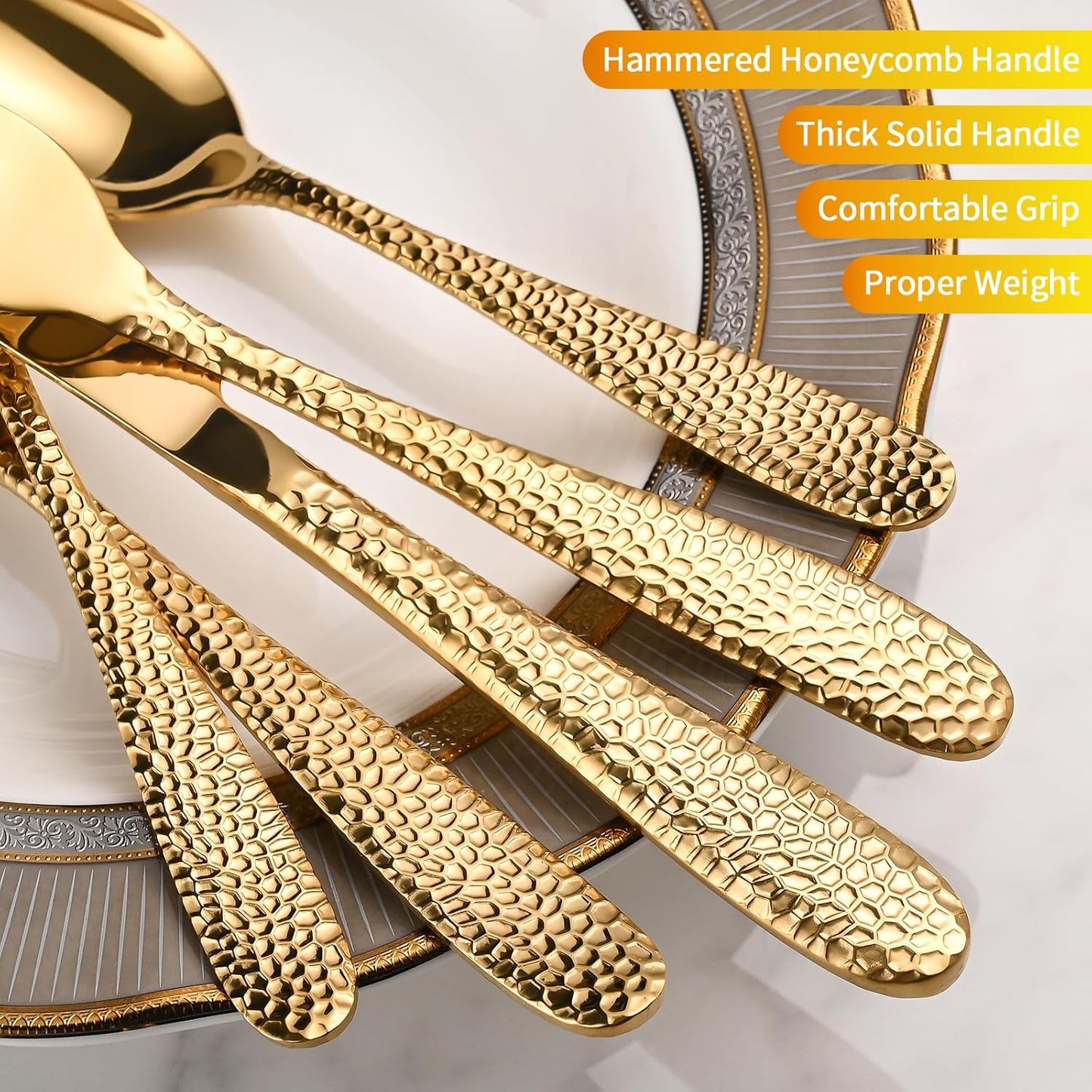 Gold Hammered Silverware Set, 20-Piece Heavy Duty Stainless Steel Flatware Sets for 4, Food-Grade Cutlery Set for Home Restaurant, Mirror Polished, Dishwasher Safe