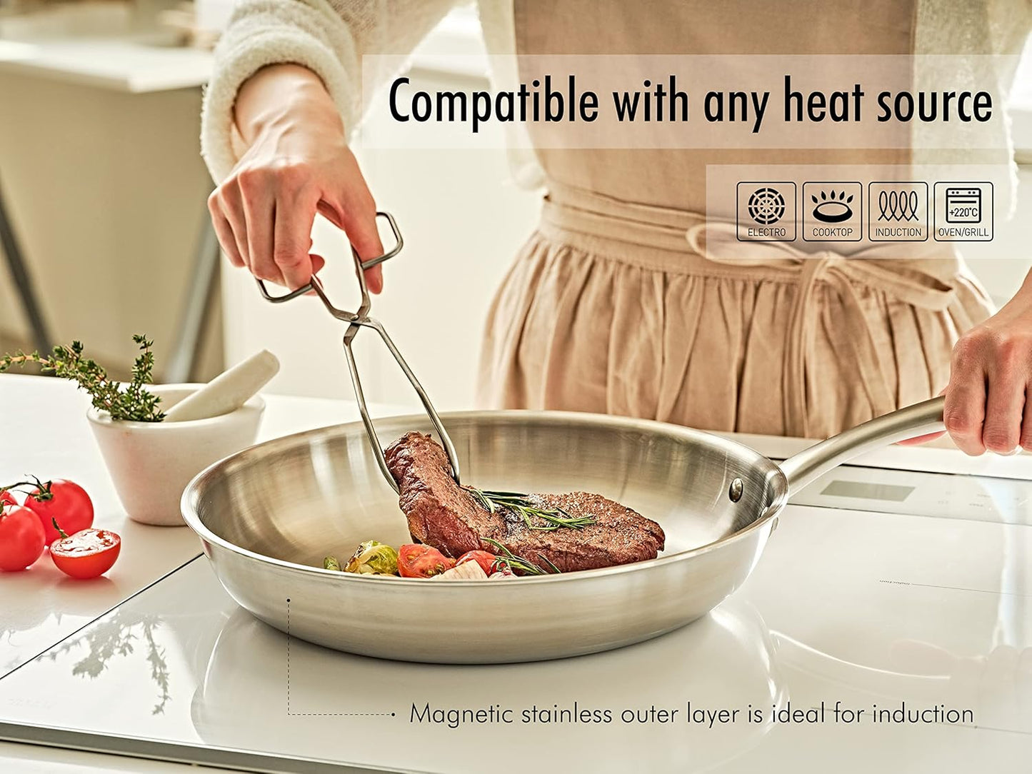 5-ply Stainless Steel Frying Pan 8inch, Full 5-Ply Clad Construction Professional Grade Pan, Brushed Finish, Induction Cooking Pan, Oven Safe, Dishwasher Safe