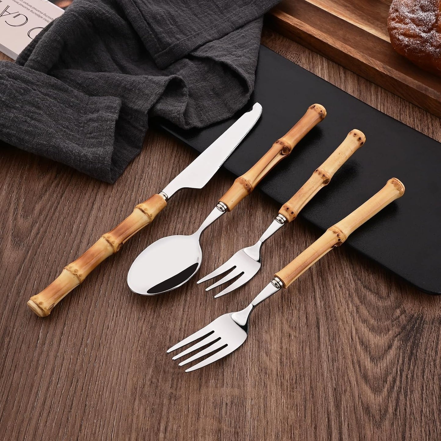 30PCS Silverware Set for 6, Bamboo Handle Flatware Set, Stainless Steel Cutlery Set for Home Restaurant and Party, Bamboo Forks Spoons and Knives Set, Polished Tableware