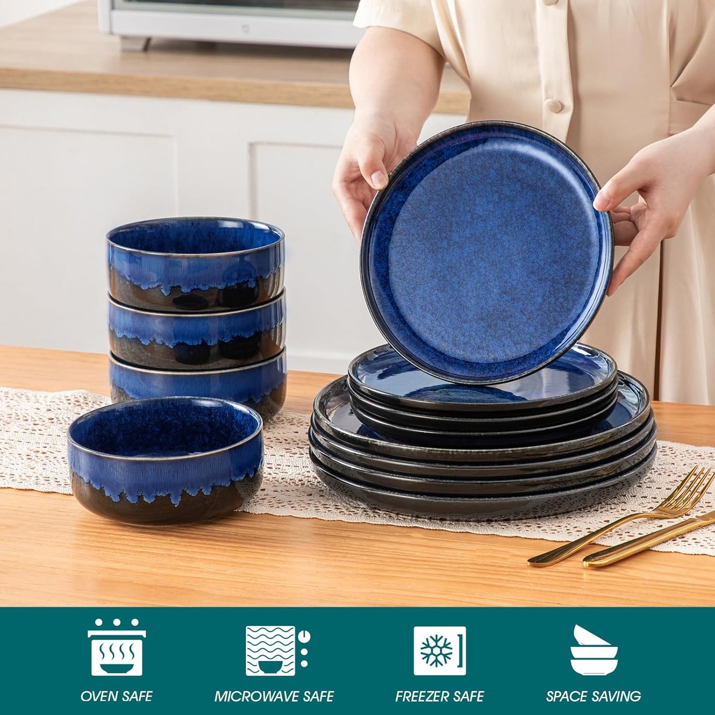 vancasso Starry 12 Pieces Dinnerware Sets for 4, Blue Reactive Glaze Dishes Sets, Ceramic Plates and Bowls Set, Dinner Salad Dessert Plates, and Cereal Bowls Set, Dishwasher and Microwave Safe