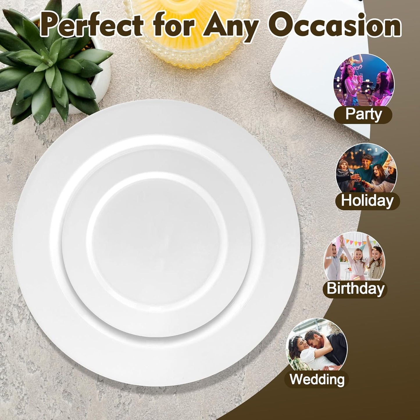 100 PCS White Plastic Plates, Plastic Thanksgiving Plates Disposable Include 50 Dinner Plate and 50 Dessert Plate Perfect for Holiday, Wedding & Thanksgiving Party