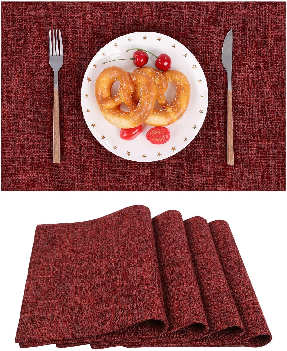 SHACOS Double Layer Cloth Placemats Set of 4 Washable Heat Resistant Place Mats Non Slip Rustic Placemats Reversible Table Mats Kitchen Dining Table Decor (4, Red)