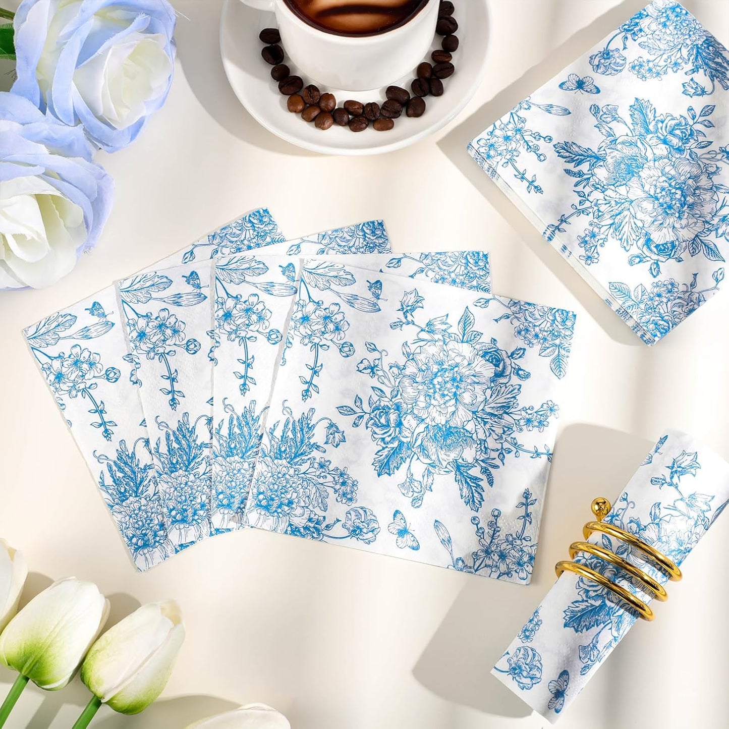100 Pcs Blue Floral Napkins, Blue and White Decoupage Napkins Vintage Flower Butterfly Design Toile Napkin Cute Decorative Coastal Napkin for Wedding, Bridal Baby Shower,Tea Party, 5 x 5 Inch