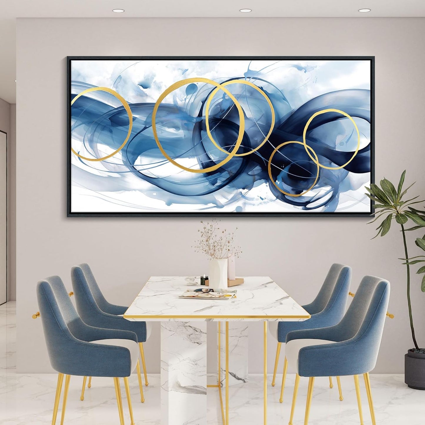 HKDGOKA Abstract Wall Art Living Room - Framed Large Canvas Gold Blue Gradient Canvas Paintings Wall Artwork Modern Office Bedroom Pictures for Kitchen Bathroom Wall Decor 29x58 In