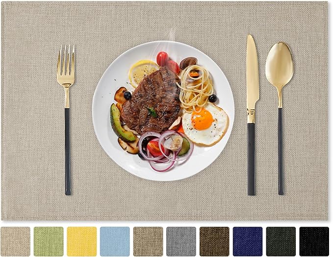 Romanstile Cloth Placemats Set of 6-12 x 18 Inch, Heat Resistant Double Layered Thickened Burlap Place Mats, Washable Faux Linen Farmhouse Table Mats for Kitchen/Dining/Party/Outdoor, Beige