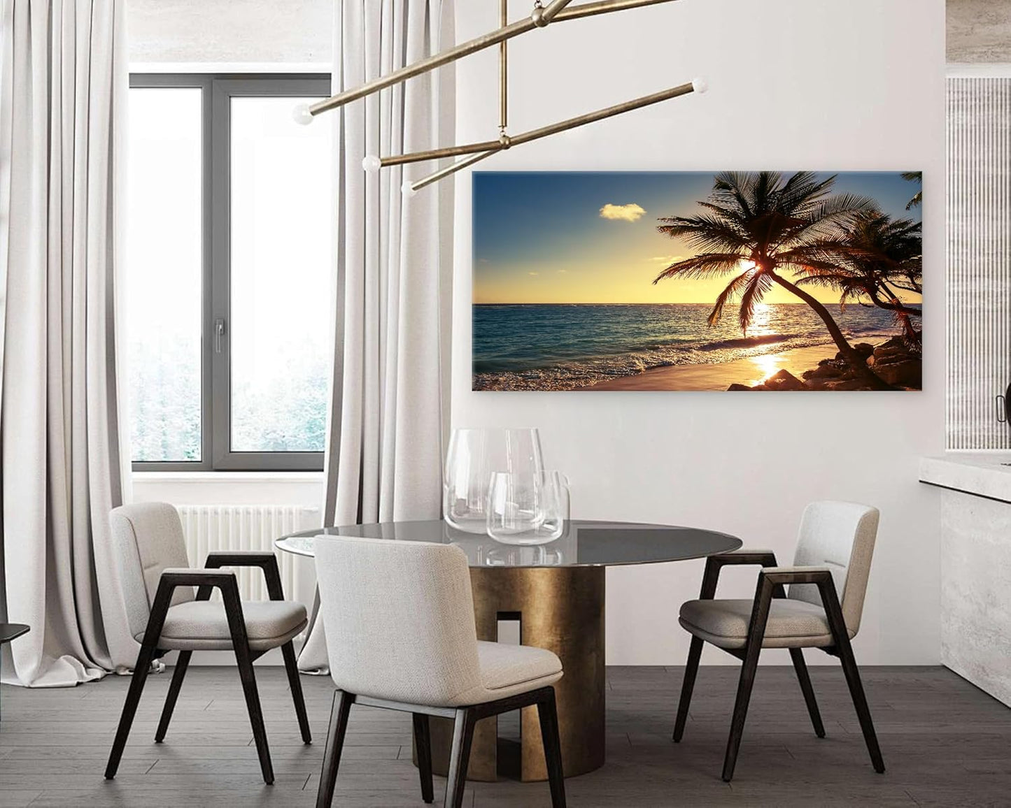 Muolunna S04998 Wall Art Decor Large Canvas Print Picture Sunset Ocean Beach Waves 1 Panel Coconut tree Scenery Painting Artwork for Office Home Decoration Stretched and Framed Ready to Hang