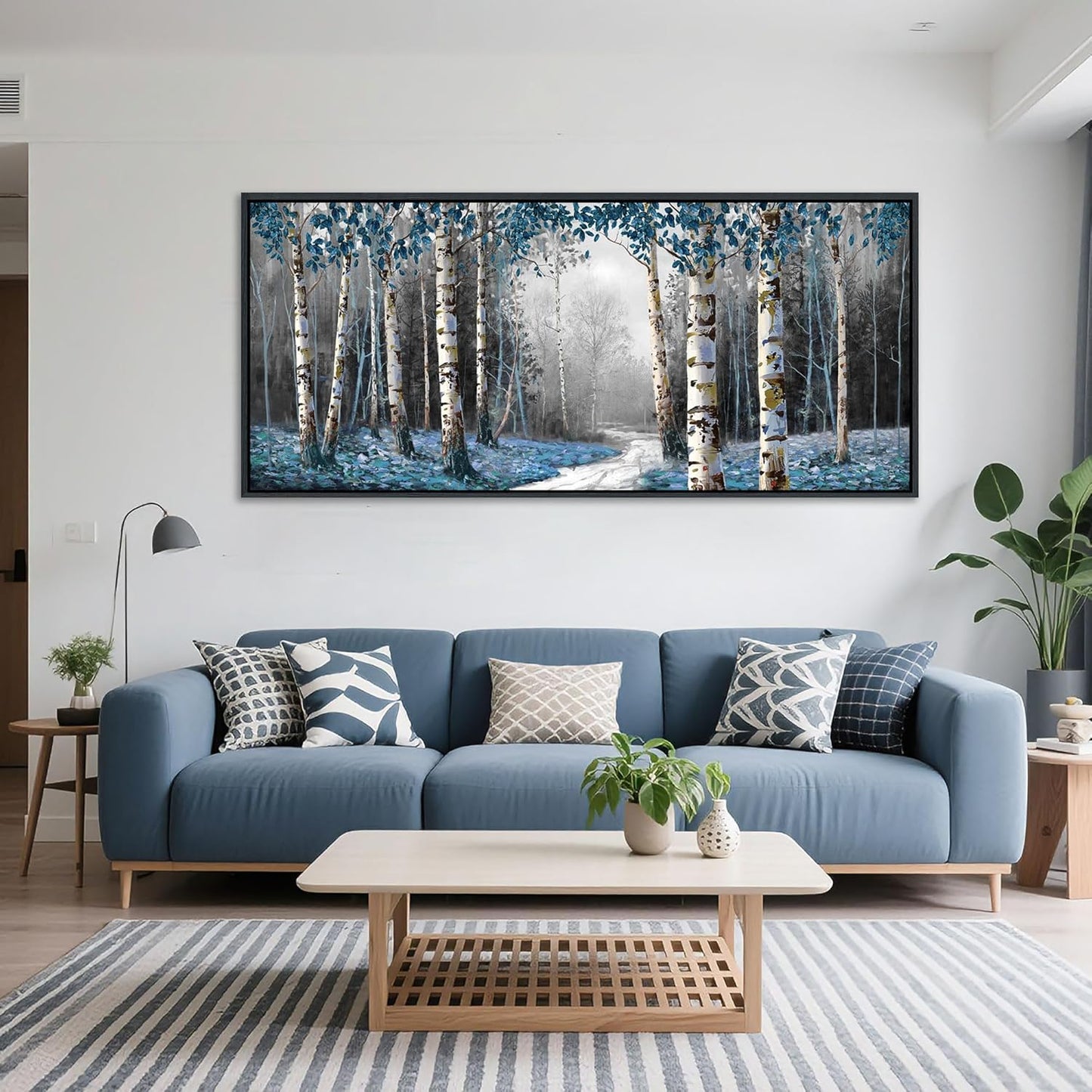 HKDGOKA Large Landscape Wall Art, Gray Blue Birch Tree Abstract Canvas Painting Picture Modern Misty Forest Artwork Framed for Living Room Bedroom Office Kitchen Home Wall Decor 71"x32"