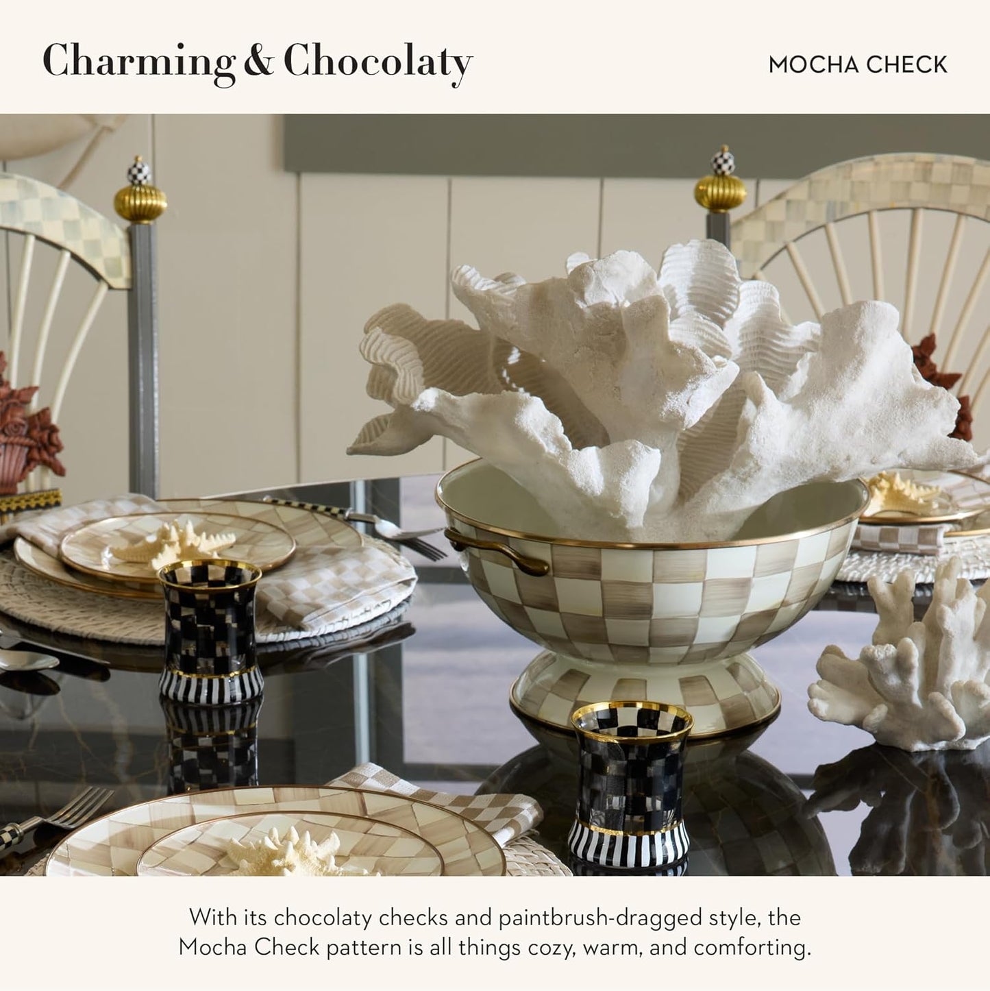 MACKENZIE-CHILDS Enamel Bowl, Serving Bowl for Entertaining, Everything Bowl, Brown-and-White Mocha Check