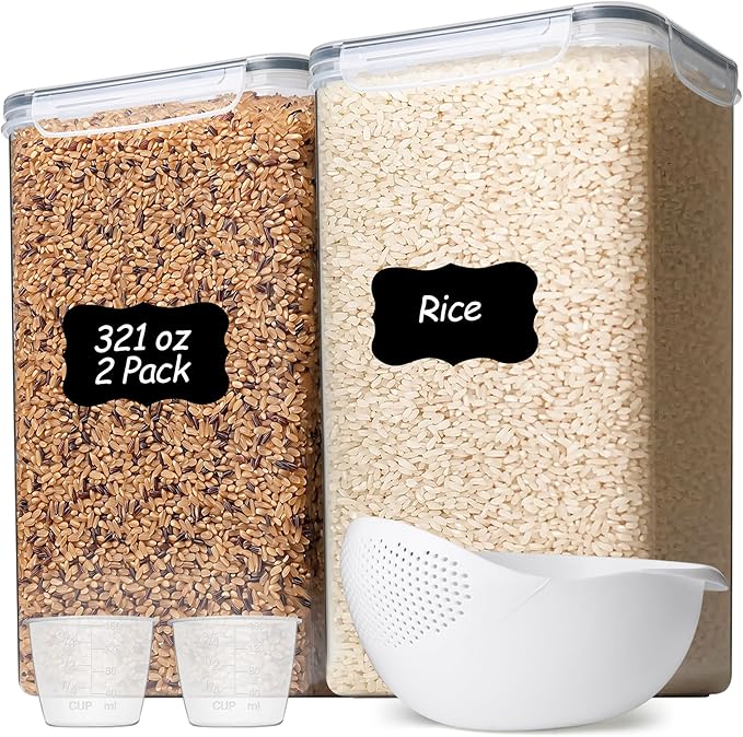 ComSaf Rice Container Set of 2(9.5L/10Qt), Large Airtight Food Storage Containers with Lid and Rice Washer, Plastic Canisters Sets for The Kitchen, Pantry Organizers for Flour, Cereal and Cooking