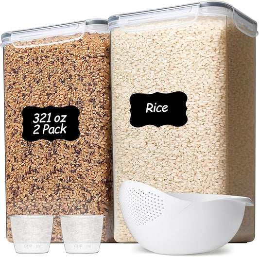 ComSaf Rice Container Set of 2(9.5L/10Qt), Large Airtight Food Storage Containers with Lid and Rice Washer, Plastic Canisters Sets for The Kitchen, Pantry Organizers for Flour, Cereal and Cooking