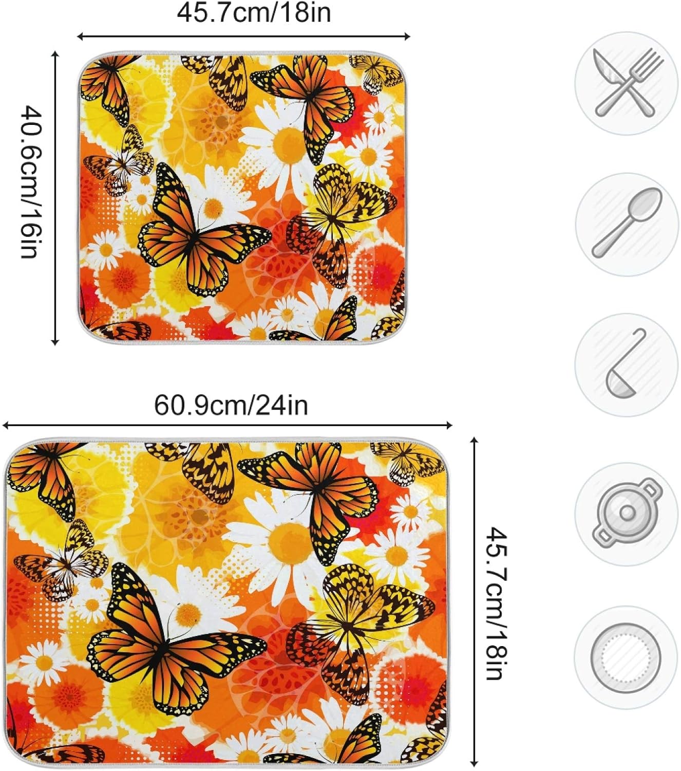 Yellow Flowers Butterfly Dish Drying Mats 16 x 18 Inch Super Absorbent Microfiber Dish Drainer Rack Mats Soft Heat Resistant Drying Protector Pad for Kitchen Counter Sinks Dining Table