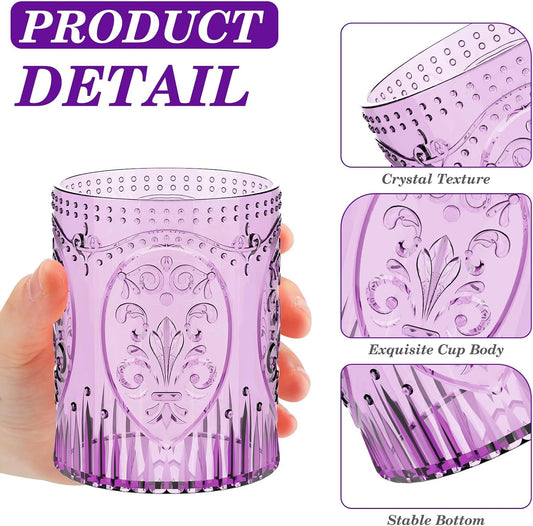 12 Plastic Vintage Drinking Glasses 8.5oz Stemless Retro Embossed Wine Glasses Shatterproof Reusable Cups for Baby Shower Wedding Reception Grand Event Party (Purple)