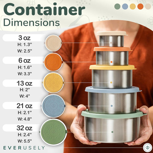 Everusely - Stainless Steel Containers with Lids - Set of 5, Muted Collection - Leakproof Stainless Steel Food Containers - Nesting Snack Holders - Metal Lunch Box - Portable & Reusable Meal Kit