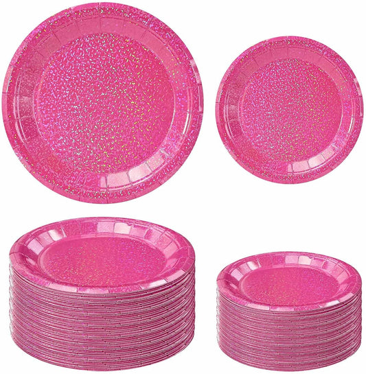 50 Pcs Iridescent Hot Pink Paper Plates 25 × 7'' and 25 × 9'' Disposable Pink Shiny Holographic Foil Dinner Plates for Wedding Baby Shower Birthday Disco Party Glitter Dessert Plate