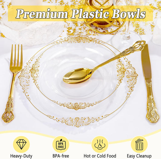 100PCS Clear Gold Plastic Bowls - 12 oz Clear Disposable Salad Bowls - Heavy Duty Disposable Soup Bowl - Fancy Plastic Ice Cream Bowl for Weddings, Thanksgiving Parties, Dinners, Picnics,