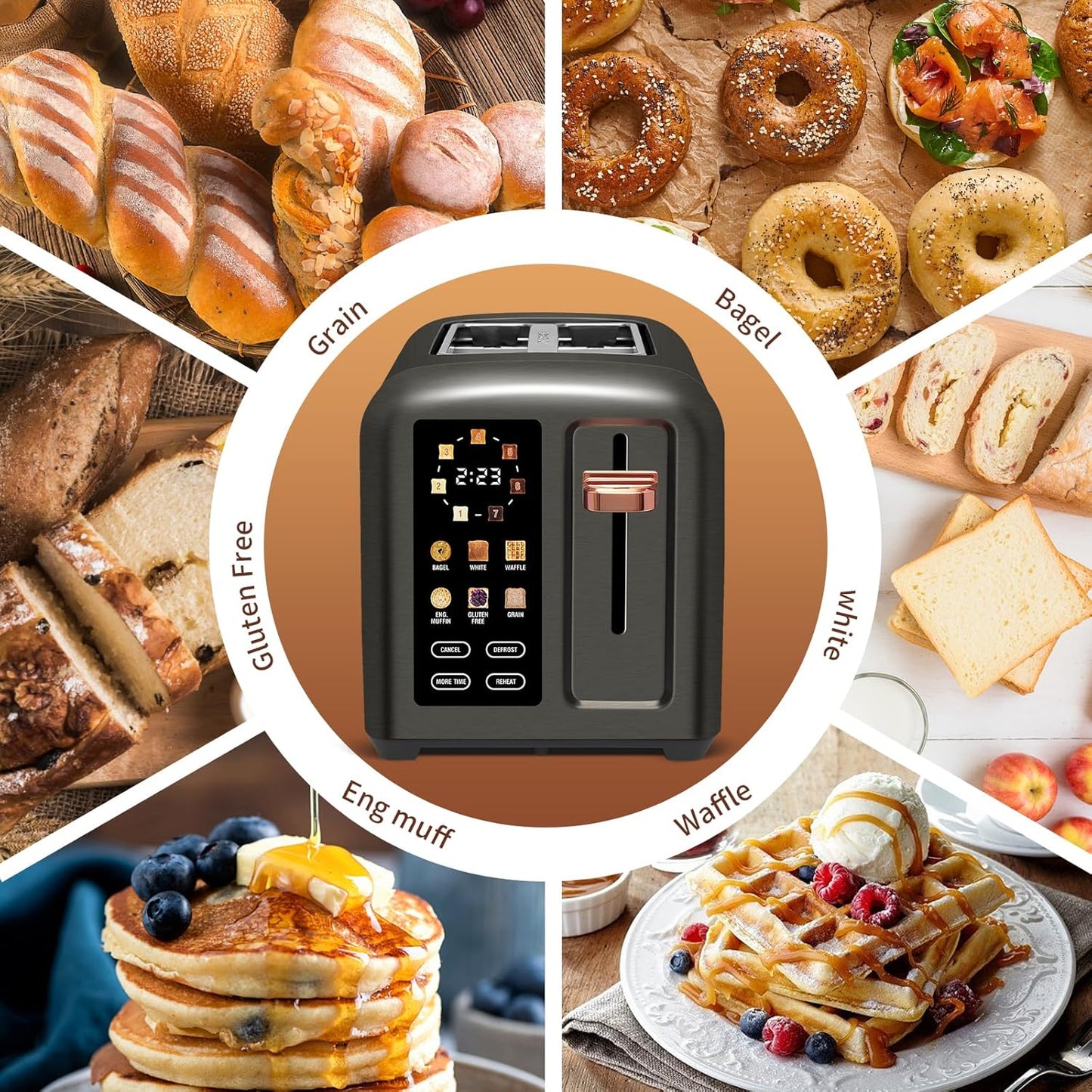 SEEDEEM Toaster 2 Slice, Touch Control Stainless Toaster LCD Display, 50% Faster Heating Speed, 1.4'' Wide Slots, More Timer Functions, Removable Crumb Tray, 1350W, Dark Metallic