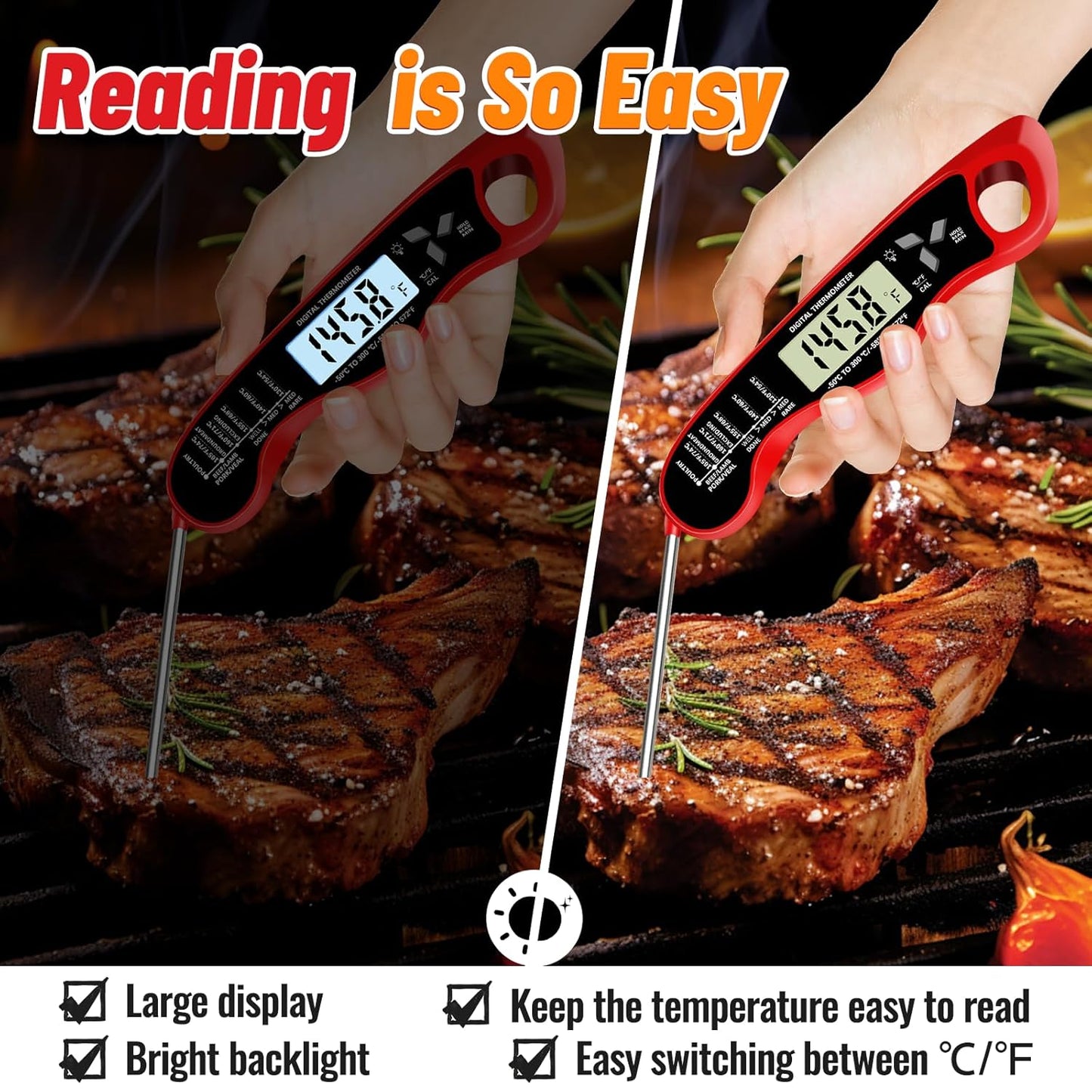 Meat Thermometer, IP67 Waterproof Digital Meat Thermometer with Backlight, Hold Function & Magnet for Grill, BBQ, Candy, Beef,Turkey，Gadgets Essentials BBQ Accessories,Mens Stocking Stuffers