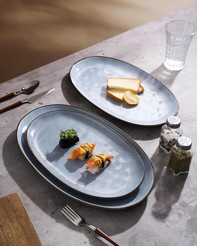 famiware Serving Platter, Oval 15.59/14.3/12.9inch Serving Dishes for Entertaining, Serving Bowls, Reactive Glaze, Stoneware Serving Trays for Party, Food, Turkey, Cheese, Ocean Series, Blue