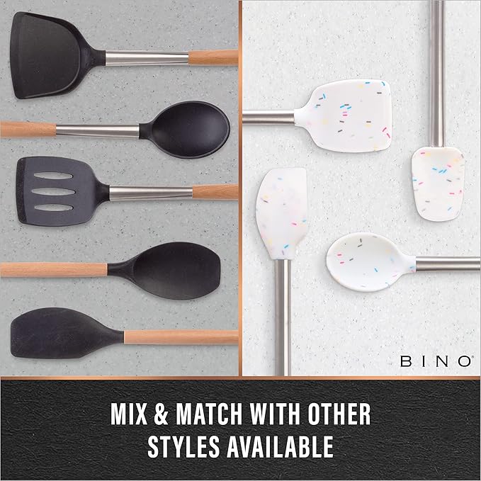 BINO 2-Piece Spoon & Turner Set with Stainless Steel Handles - Black | Heat Resistant BPA-Free Nonstick Cookware | Cooking Mixing & Serving Spoon | Cooking Utensils for Nonstick Cookware