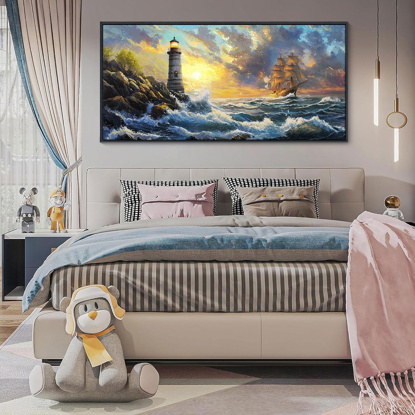 CHATYOUNG Large Wall Art Living Room, Ocean Sunrise Big Waves Wall Pictures Beach Sailboat Lighthouse Landscape Canvas Framed Paintings for Bedroom Kitchen Office Home Artwork Decor 24x48 IN