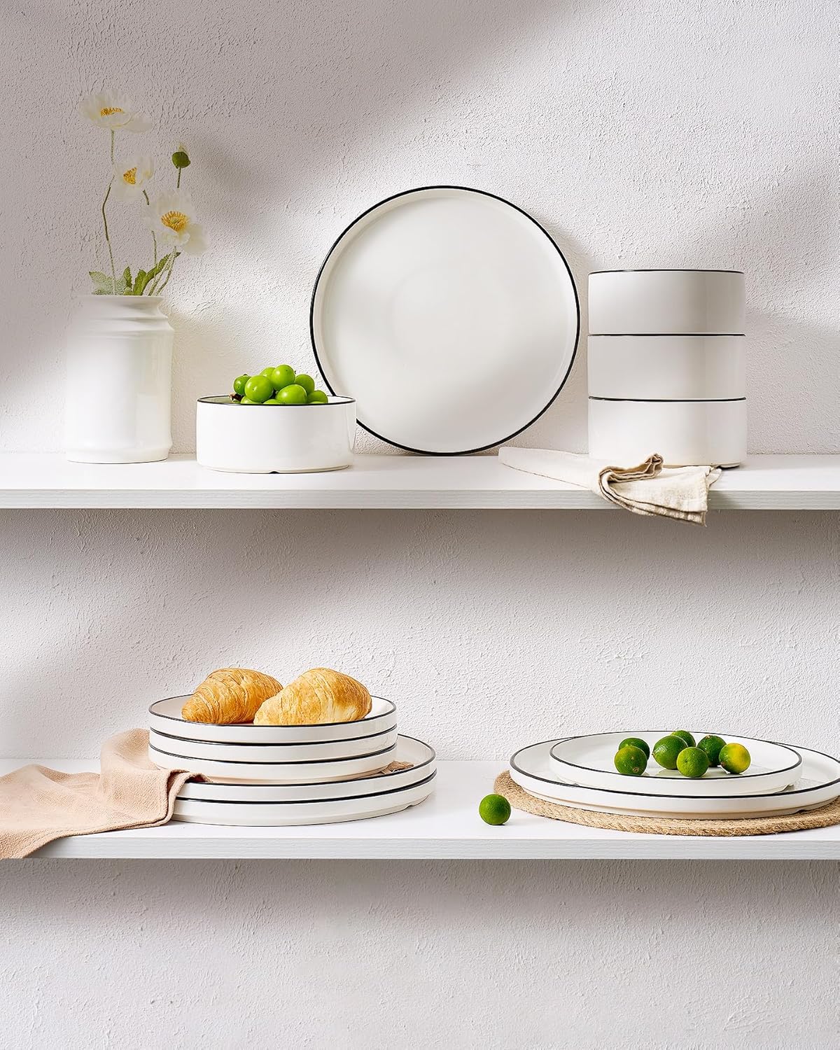 Famiware Porcelain Dinnerware Set, 18-Piece Modern Plate and Bowl Set, dish set for 6, Microwave and Dishwasher Safe Tableware, White with Black Trim