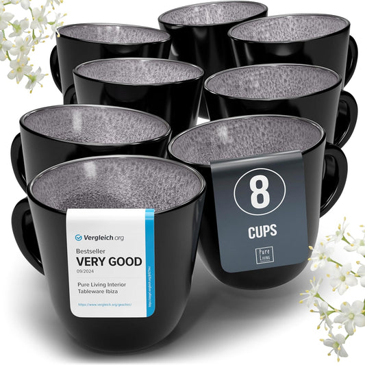 Stoneware coffee mugs set 8 pcs – 14.5 oz dark gray ceramic cups – Dishwasher and microwave safe – Modern stylish coffee cup set – Dinner service
