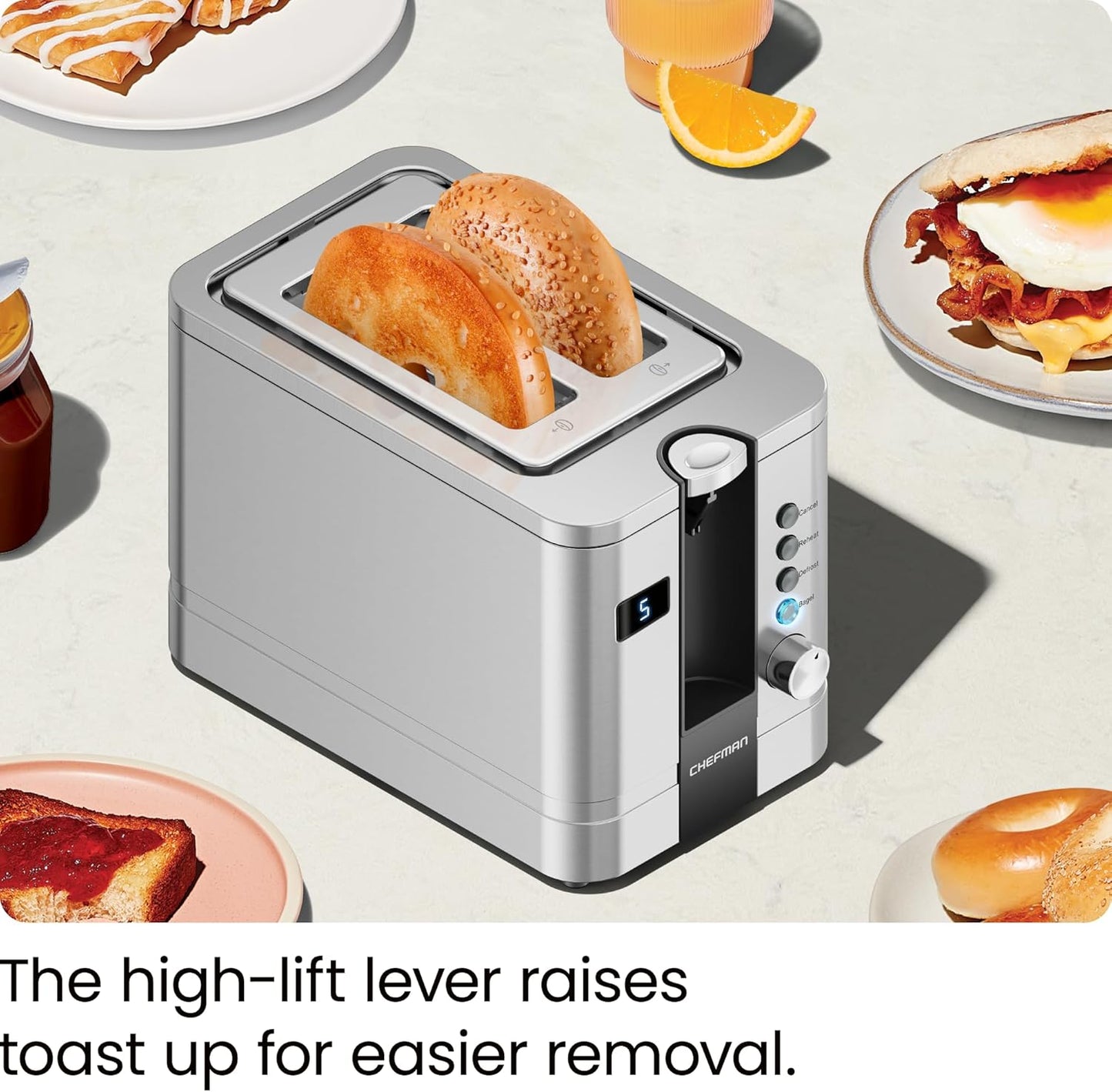 Chefman 2-Slice Digital Toaster, Pop-Up, Stainless Steel, Extra-Wide Slots For Bagels, Defrost, Reheat, Cancel Functions, Removable Crumb Tray