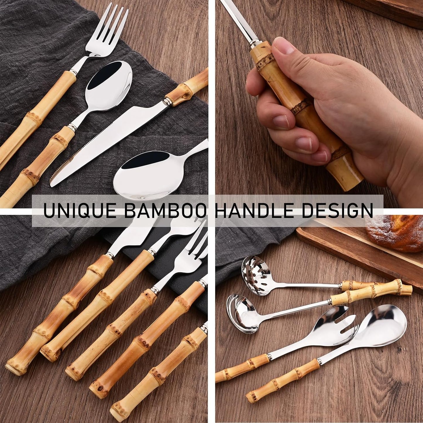 50PCS Silverware Set for 10, Bamboo Handle Flatware Set, Stainless Steel Cutlery Set for Home Restaurant and Party, Bamboo Forks Spoons and Knives Set, Polished Tableware