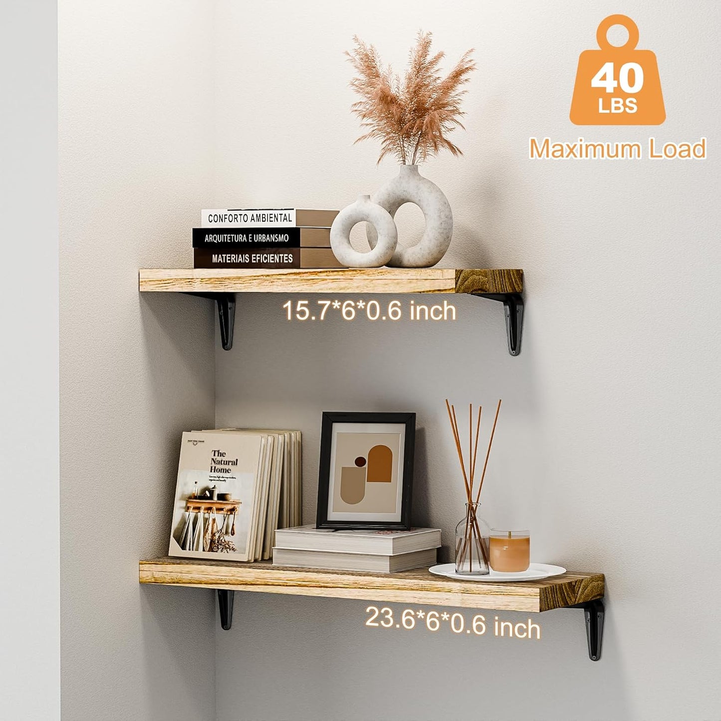 SKYSEN Floating Shelves for Wall Set of 6, 15.7in Wood Wall Shelf for Decor, Bathroom, Bedroom, Storage, Book,Kitchen, Living Room - Rustic Brown(fs-40-l)