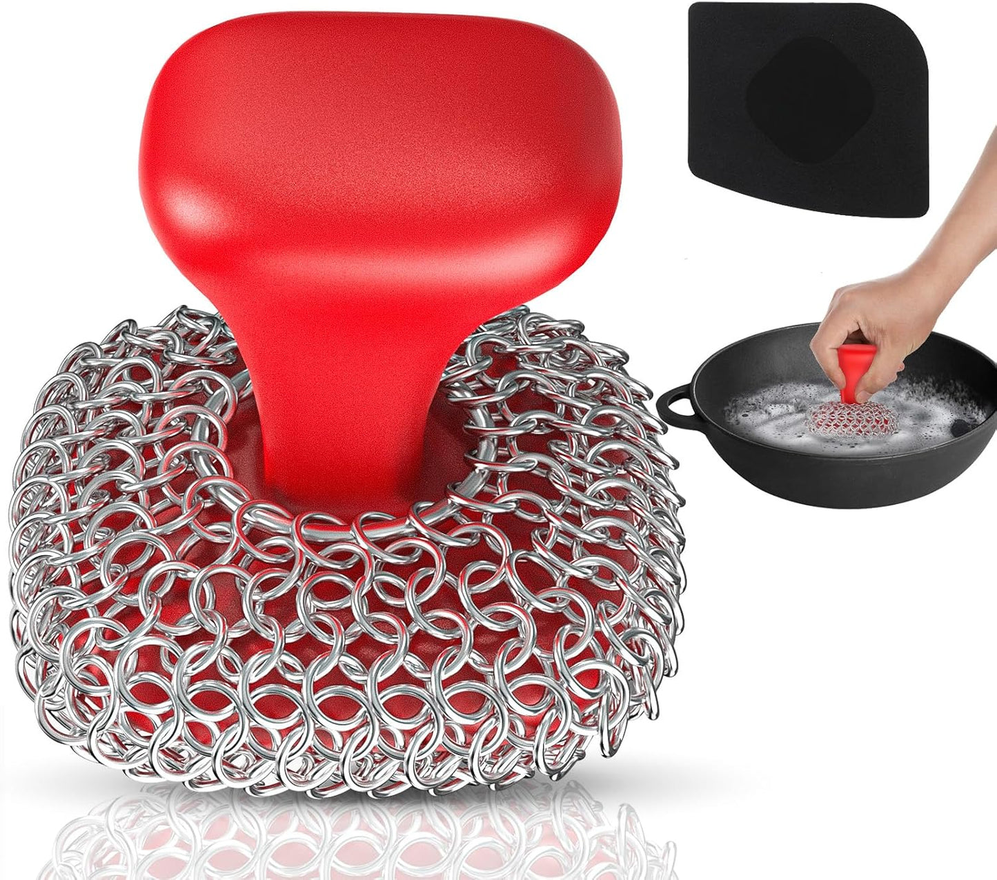 Cast Iron Scrubber | Dish Scrub Brush | 316 Cast Iron Cleaner Chainmail Scrubber for Pan Skillet Cleaner - Dish Scouring Pad Dishwasher Safe Cleaning Kit, Red