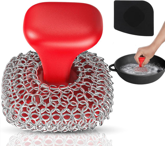 Cast Iron Scrubber | Dish Scrub Brush | 316 Cast Iron Cleaner Chainmail Scrubber for Pan Skillet Cleaner - Dish Scouring Pad Dishwasher Safe Cleaning Kit, Red
