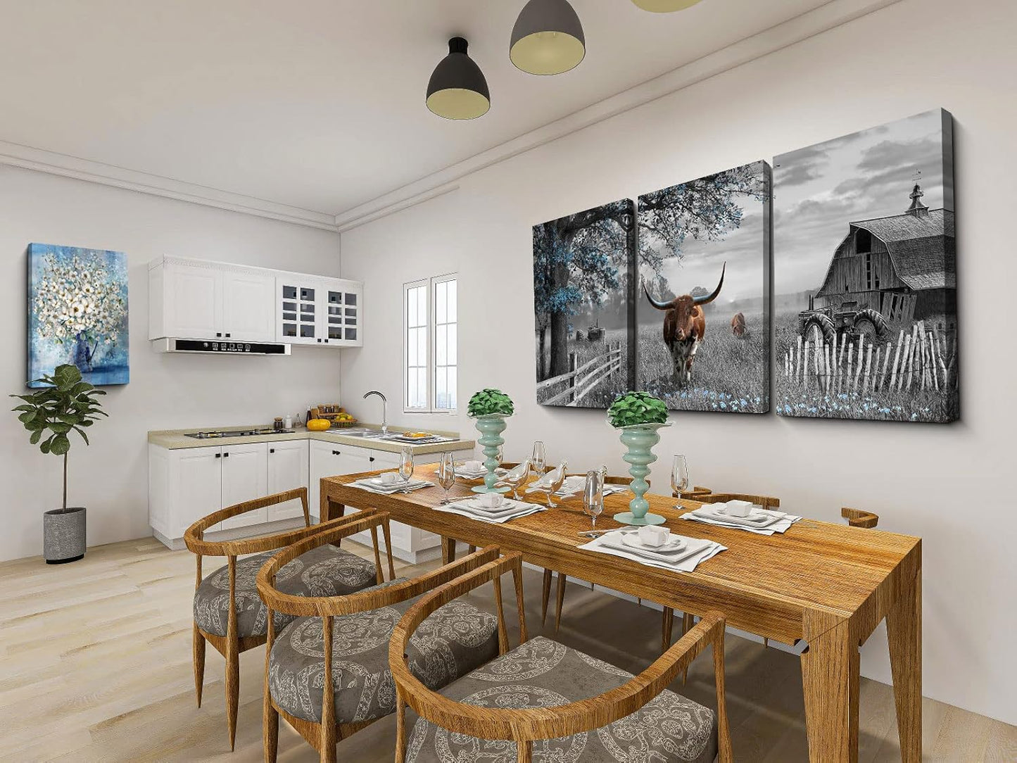 Yiijeah Large Brown Cow Wall Art - Blue Tree Pictures Farmhouse Wall Decor for Living Room & Master Bedroom - 16x24 Inches