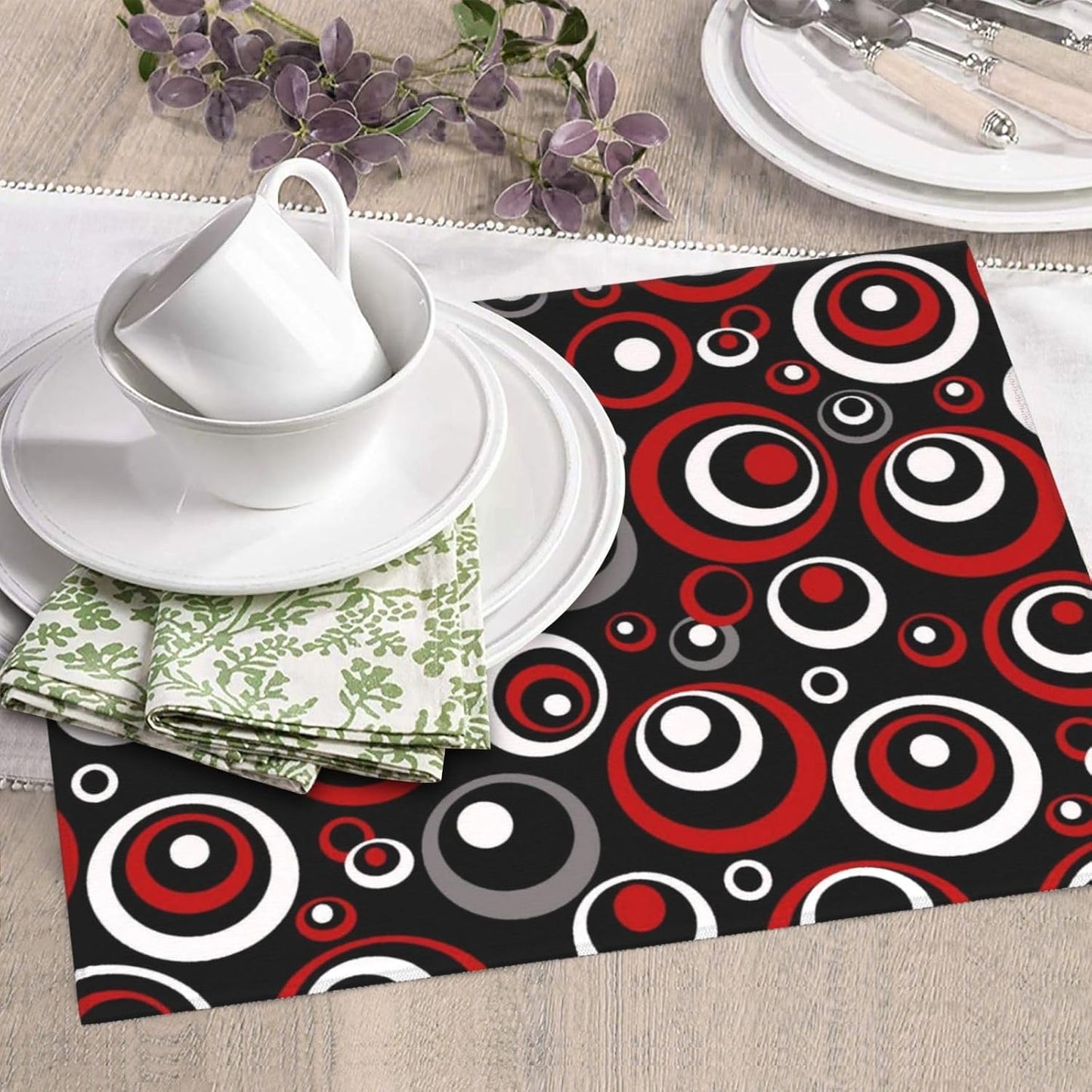 Red Black White Retro Geometric Circle Dish Drying Mats for Kitchen Counter, Absorbent Microfiber Drying Pad for Dishes, Foldable Modern Art Kitchen Mat for Dish Racks & Sink, Home Decor, 16" x 18"