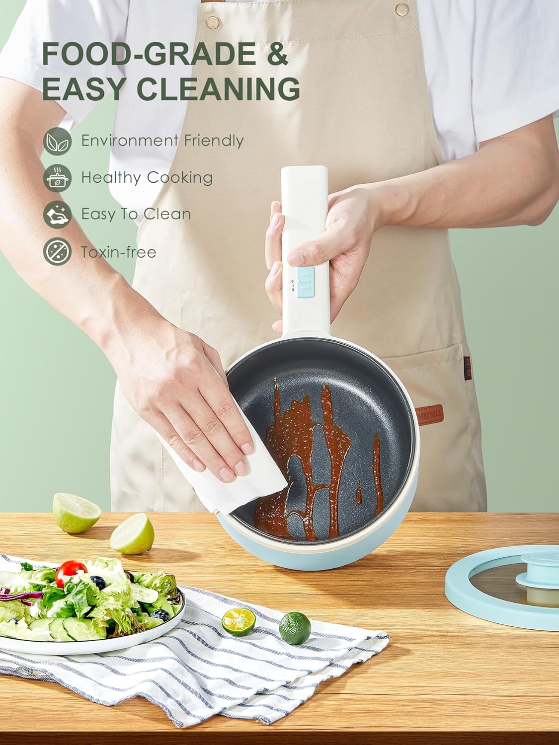 Hot Pot Electric With Steamer, 1.6L Ramen Cooker Non-Stick Sauté Pan for Steak, Egg, Fried Rice, Ramen, Oatmeal, Soup, Portable Personal Perfect Suit Dorm Room and Apartment (Aqua)