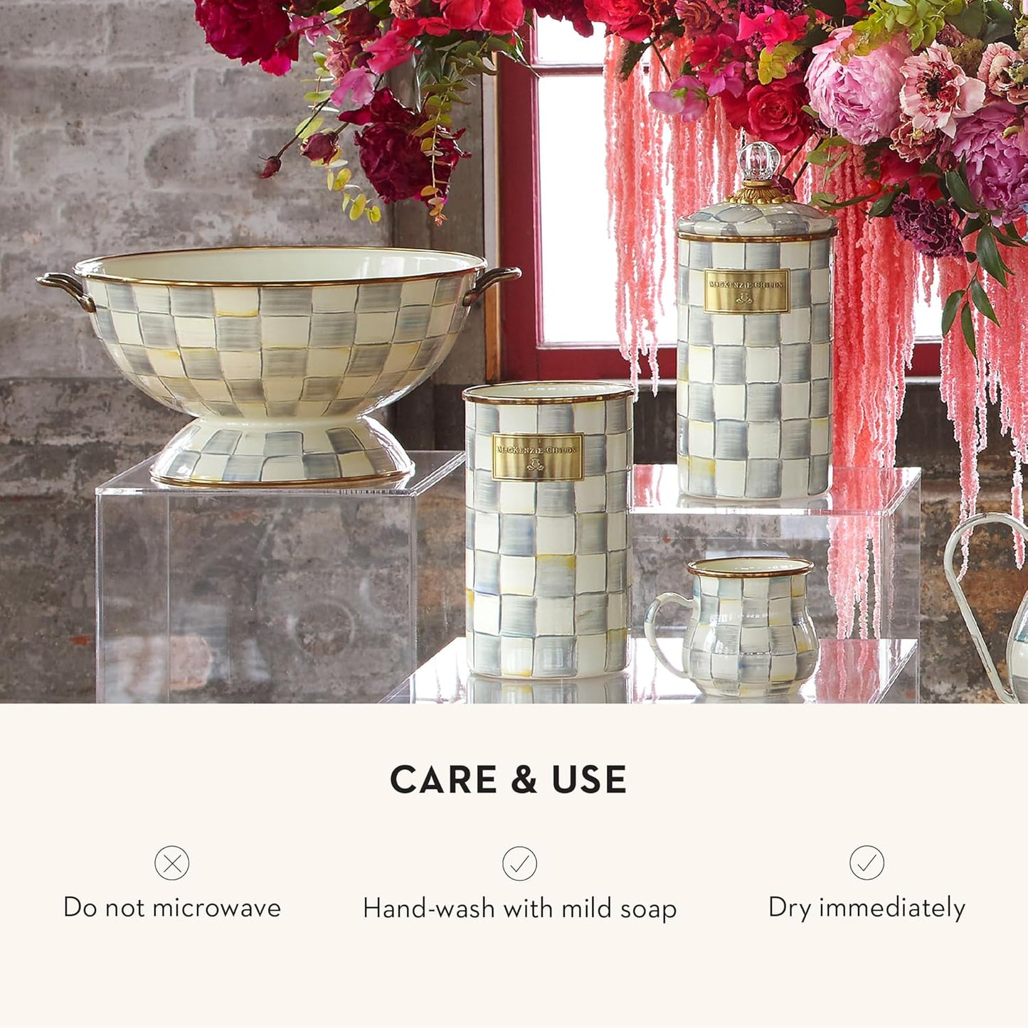 MACKENZIE-CHILDS Enamel Bowl, Serving Bowl for Entertaining, Everything Bowl, Gray-and-White Sterling Check