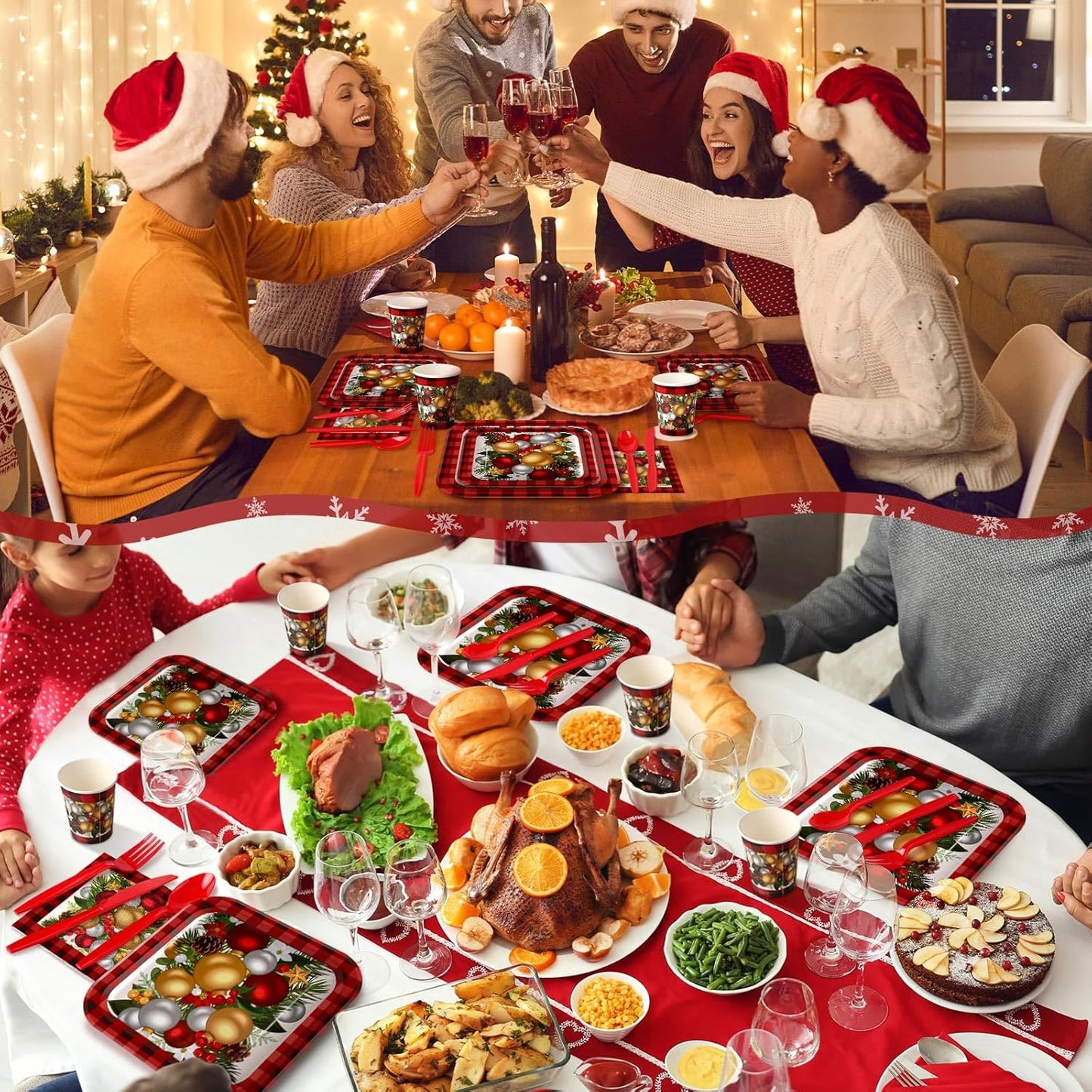 350 Pcs Paper Plates and Napkins Set Disposable Dinnerware Party Supplies Tableware Serve 50 Guest Cups Knife Forks Spoon(Red,Christmas Tree)