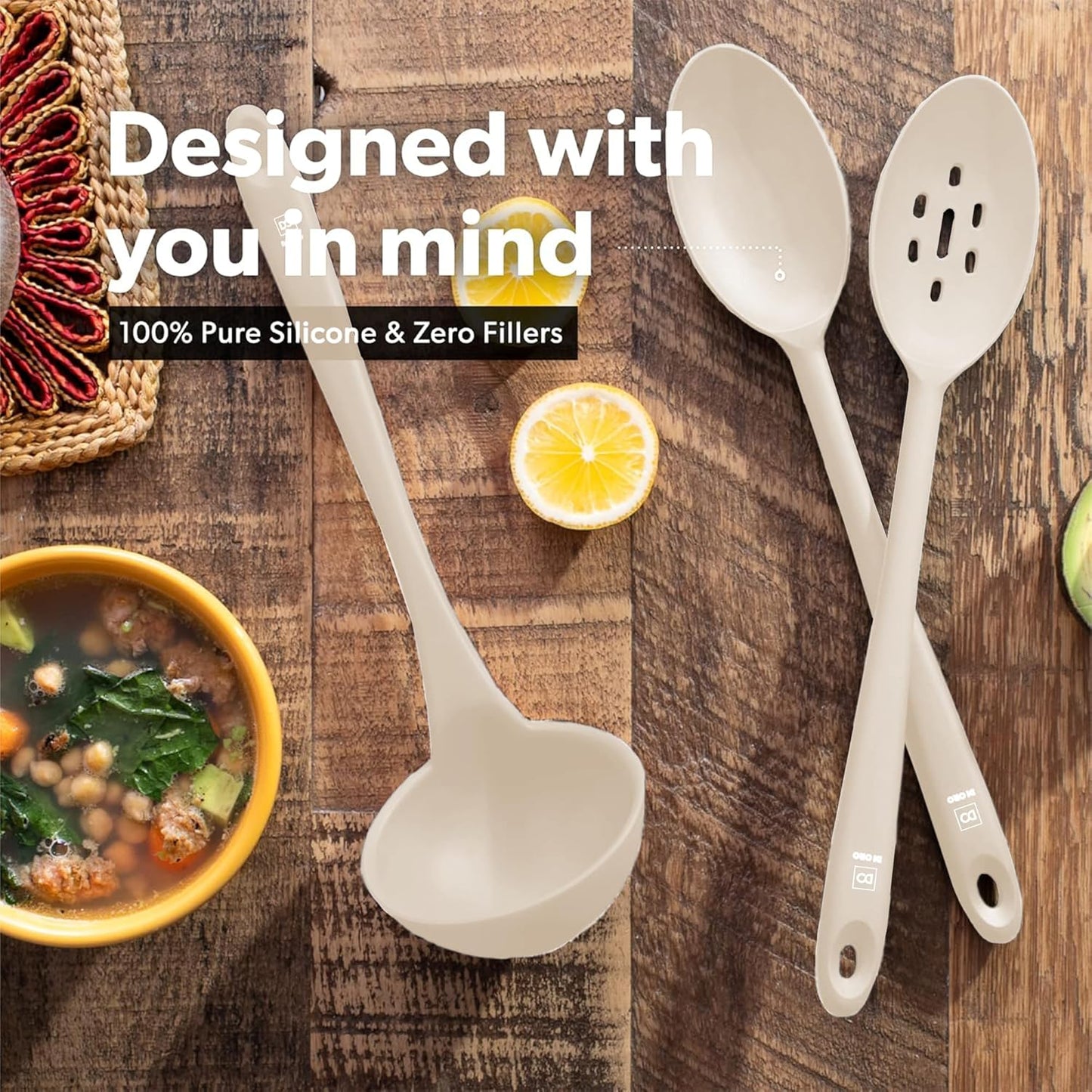 DI ORO Silicone Ladle & Spoons for Cooking – Large Kitchen Spoons for Mixing, Serving, & Stirring - Soup Ladle with Wide Bowl - High Heat Silicone Kitchen Utensils for Nonstick Cookware Safe (Clay)